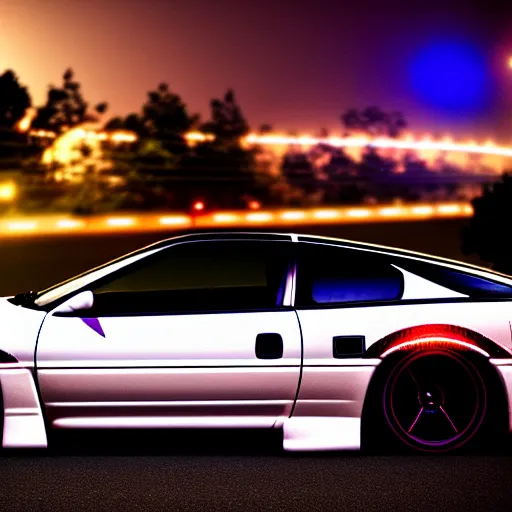 Image similar to a car 300ZX turbo drift at illegal car meet, Chiba prefecture, city midnight mist lights, cinematic color, photorealistic, highly detailed wheels