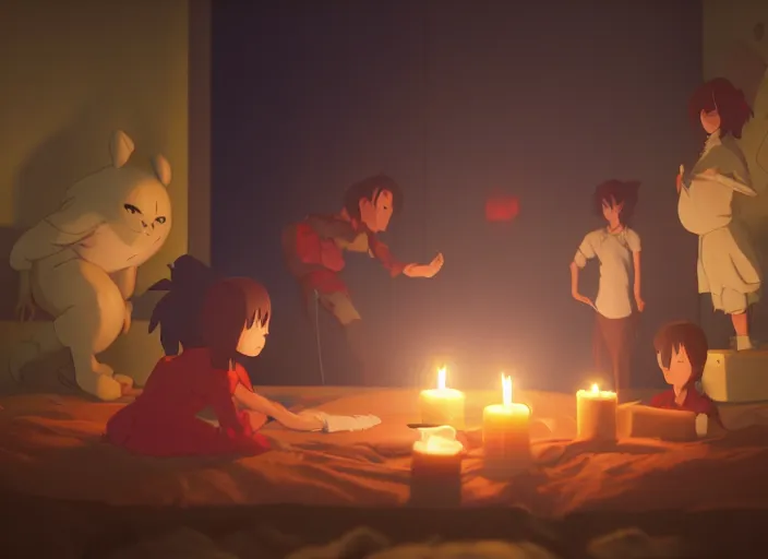 Image similar to a night scary sleepover, being lit by candles, medium shot, studio ghibli, pixar and disney animation, sharp, rendered in unreal engine 5, anime key art by greg rutkowski, bloom, dramatic lighting