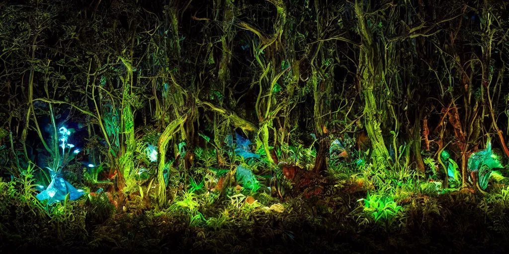 Prompt: scene still of avatar variety soft bioluminescent forest at night. 4 k cinematic cg weta weta weta lut balanced perfect lighting colorgraded