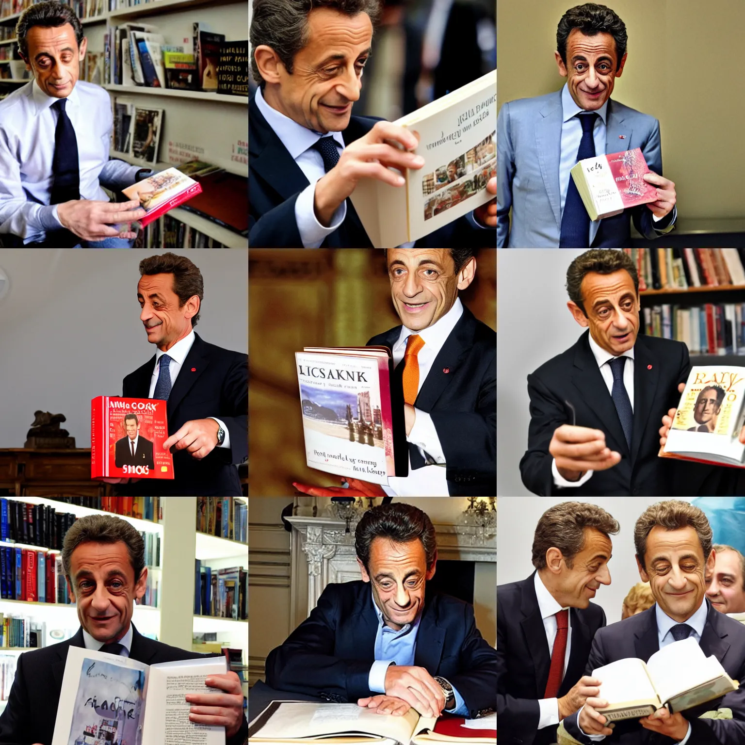 Prompt: photo of Nicolas Sarkozy showing a book