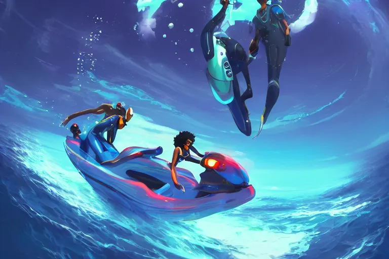 Image similar to afro - futurist scuba divers swimming away from a gigantic alien fish | hyperrealistic digital painting by makoto shinkai, ilya kuvshinov, lois van baarle, rossdraws | afrofuturism in the style of hearthstone and overwatch, trending on artstation