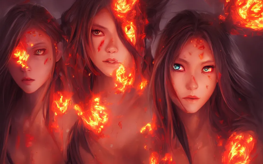 Image similar to A realistic anime portrait of a beautiful fire spirit twins with glowing red eyes and firey skin wearing clothes made of flames, digital painting, by Stanley Artgerm Lau, Sakimichan, WLOP and Rossdraws, digtial painting, trending on ArtStation, SFW version