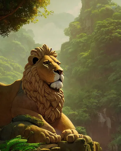 Image similar to statue of a lion in a temple, lush vegetation, waterfalls, cory loftis, james gilleard, atey ghailan, makoto shinkai, goro fujita, character art, rim light, exquisite lighting, clear focus, very coherent, plain background, soft painting