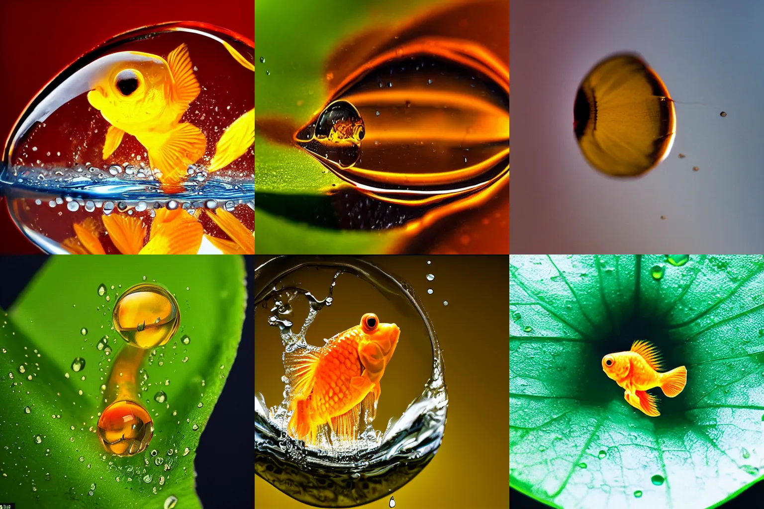 Prompt: extreme macro photography : ( subject = a single water droplet of water on a leaf + subject detail = goldfish encased inside of a water droplet )