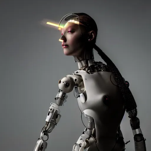 Prompt: beautiful full body Fine art photography of a solarpunk half robot half human girl with real human face, linear lights over body, highly detailed, photorealism, studio lighting 8k