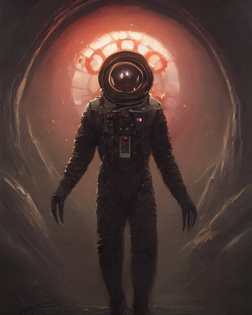 Image similar to oil painting of Lovecraftian sci-fi demon, wearing space suit, sharp focus, holding sci-fi rifle, magical aura, heroic pose, fantasy style, octane render, volumetric lighting, 8k high definition, by greg rutkowski, highly detailed, trending on art Station, magic the gathering artwork, Spaceship hallway background, centered, horror, sci-fi artwork, demonic