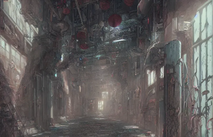 Prompt: a hyper detailed background of an anime school hallway, by dorian cleavenger, greg rutkowski, wlop, astri lohne, zdzisław beksinski trending on artstation