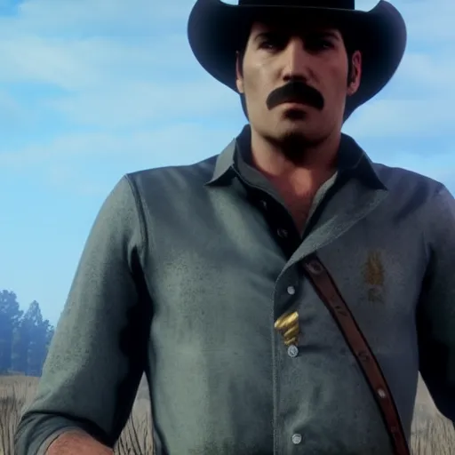 Image similar to Film still of Freddy Mercury, from Red Dead Redemption 2 (2018 video game), no hat, no shirt