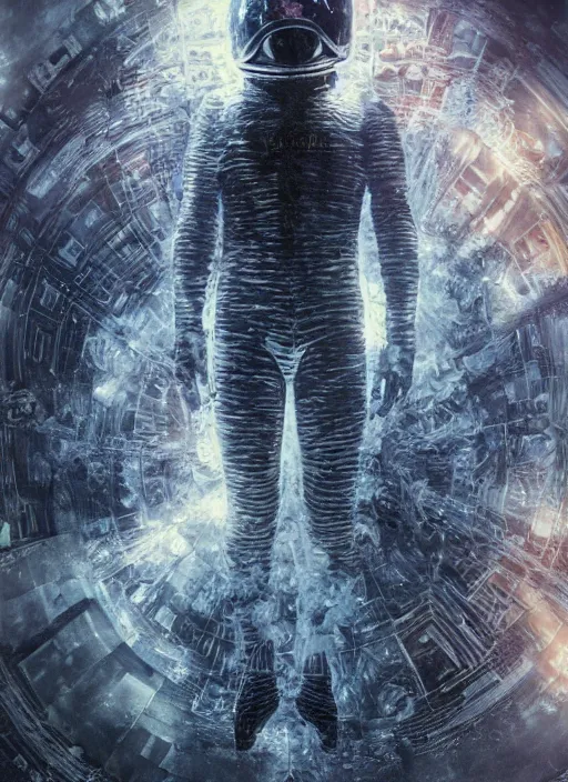 Image similar to astronaut in dark void underwater - complex and hyperdetailed technical suit design. reflection and dispersion materials. rays and dispersion of light. volumetric light. f / 3 2. noise film photo. flash photography. ultra realistic, 5 0 mm. poster by wayne barlowe, hajime sorayama aaron horkey, craig mullins