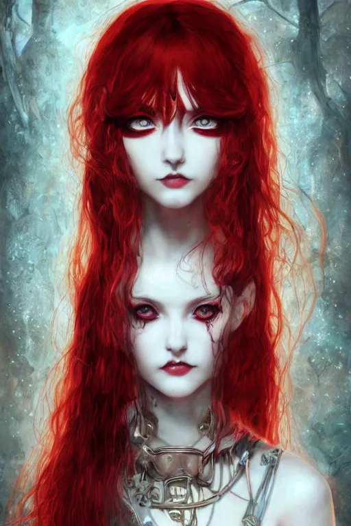 Image similar to portrait of cute beautiful young goth maiden, red hairs, cyberpunk, Warhammer 40000, gothic, highly detailed, artstation, illustration, art by Gustav Klimt and Range Murata