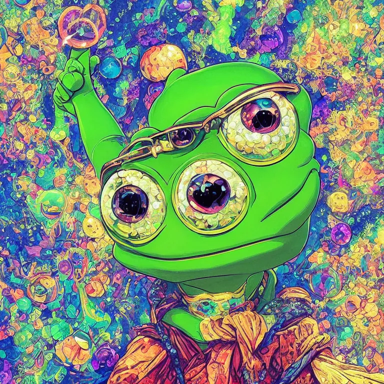 Image similar to maximalist detailed gemstone pepe the frog by adoryanti, machine. delusions, holosomnia, electrixbunny, rendered in discodiffusion. decorated with pearls and gems, behance hd by jesper ejsing, by rhads, makoto shinkai, ilya kuvshinov, rossdraws global illumination ray tracing hdr radiating a glowing aura