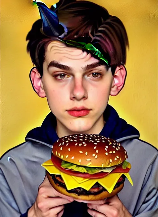 Image similar to oil painting, teenage jughead jones, wears a light grey crown, and devours a hamburger, intricate, elegant, highly detailed, pinocchio nose, lighting, painting, artstation, smooth, illustration, art by greg rutowski and alphonse mucha