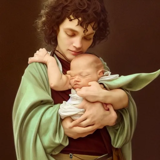 Prompt: baby yoda in the role of frodo bagging, intricate, elegant, highly detailed, digital painting, artstation, concept art, smooth, sharp focus, illustration, art by artgerm and greg rutkowski and alphonse mucha and william - adolphe bouguereau