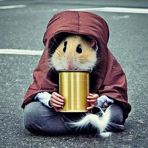 Image similar to “ hamster dressed as a homeless person sitting at an intersection with arms stretched out holding a tin can ”