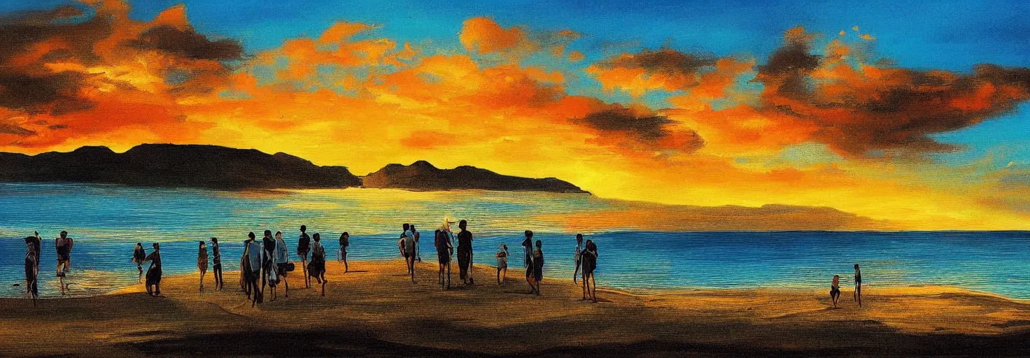 Prompt: People in beach, beach is between the two valleys, by Salvador Dali and Bob Ross collaboration, sun set, digital art, high details, wide shot