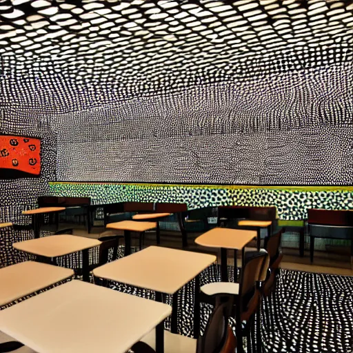 Image similar to mcdonalds interior designed by Yayoi Kusama,