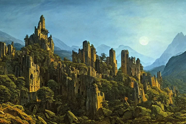 Prompt: stone fortress in the forest | exotic landscape | dwarven architecture | volumetric lighting | blue skies | golden hour | hyperdetailed | Caspar David Friedrich |