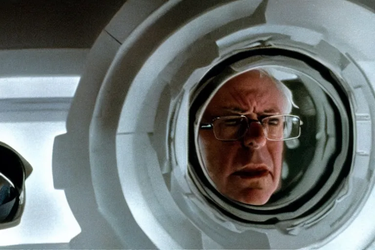 Prompt: movie screenshot of bernie sanders in 2001: A Space Odyssey (1968)