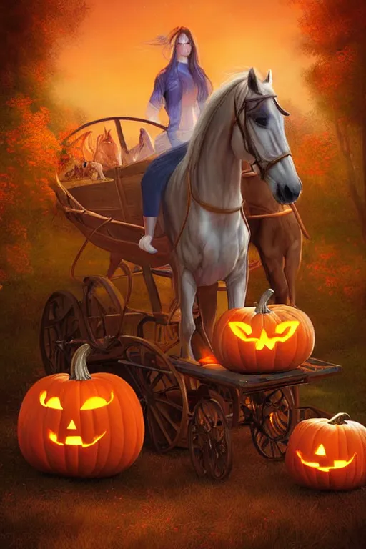 Prompt: beautiful mystical digital painting of a pumpkin cart and horses by artgerm