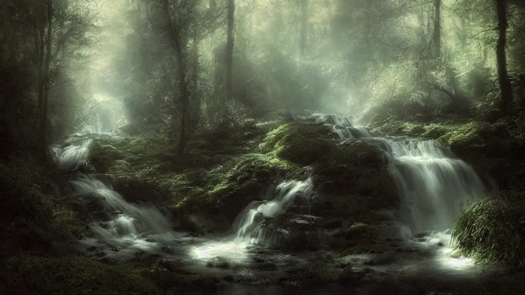 Image similar to a tiny waterfall in the dark forest. andreas achenbach, artgerm, mikko lagerstedt, zack snyder, tokujin yoshioka