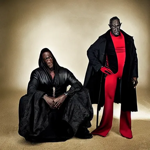 Image similar to Photoshoot of Wesley Snipes as Blade and Christopher Lee as Dracula in the Style of Annie Leibovitz, Studio Lighting