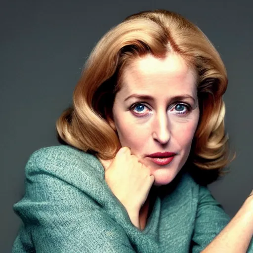 Prompt: photo of a gorgeous 40-year-old Gillian Anderson with a 1970s hairstyle by Mario Testino, detailed, head shot, award winning, Sony a7R -