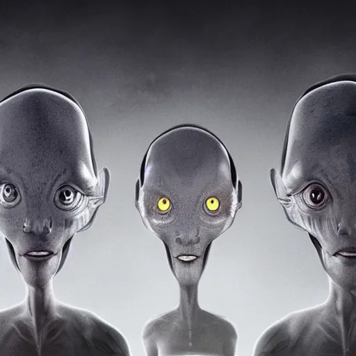 Image similar to grey aliens with large eyes watching over an enslaved humanity