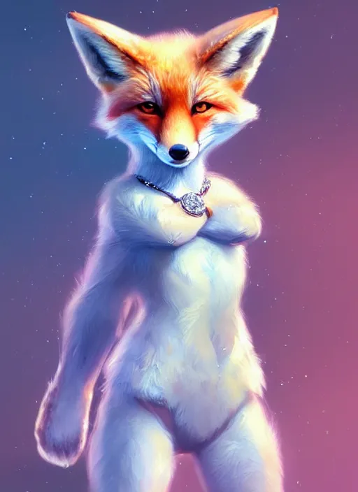 Prompt: cute little fox, surrounded by diamonds, blue, light pink, gold color scheme. highly detailed, artgerm, cushart krenz, artstation, soft light, sharp focus, illustration, character design, concept art