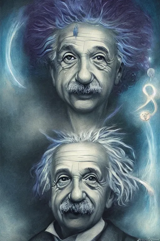 Prompt: breathtakingly beautiful painting of albert einstein as a genie, thinking about equations, moonlit sky, matte painting by brian froud, shaun tan, wlo and peter mohrbacher, highly detailed, intricate,, award winning artwork, trending on artstation, high quality printing, fine art with subtle redshift rendering