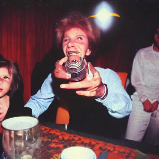 Prompt: alien creature at a soviet family dinner, 1 9 8 0 s photo, cinestill 8 0 0 t 3 5 mm, camera flash
