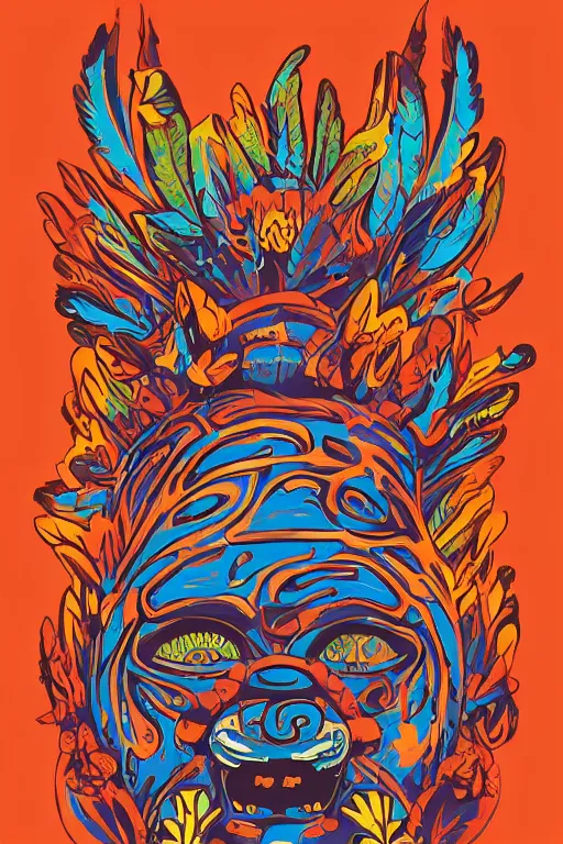 Image similar to animal mask totem roots flower tribal feather gemstone plant wood rock shaman vodoo video game vector cutout illustration vivid multicolor borderlands comics by josan gonzales and dan mumford radiating a glowing aura