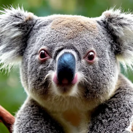 Image similar to Koala Bear, human facial features, fumanchu stache, fearsome stare