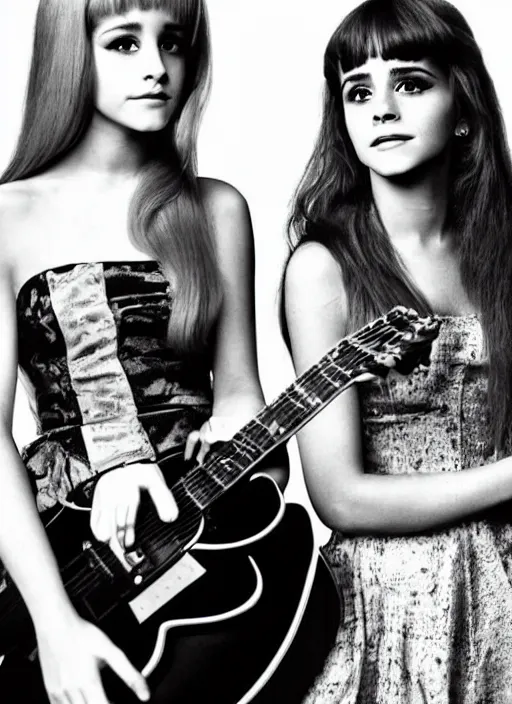 Image similar to beautiful, award winning photo of ariana grande and emma watson as a 1 9 7 0 s rock and roll guitarists. live at woodstock, symmetrical eyes, 8 k, studio lighting t