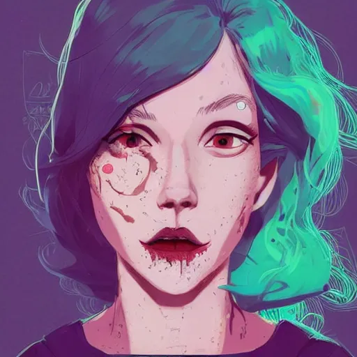 Image similar to Highly detailed portrait of pretty punk zombie young lady with, freckles and beautiful hair by Atey Ghailan, by Loish, by Bryan Lee O'Malley, by Cliff Chiang, inspired by image comics, inspired by graphic novel cover art, inspired by papergirls !! Gradient color scheme ((grafitti tag brick wall background)), trending on artstation