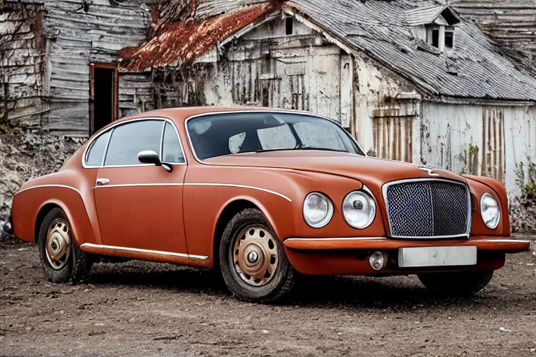 Prompt: modern rusty Bentley Continental GT drives along the road of an old Russian village with houses at the edges