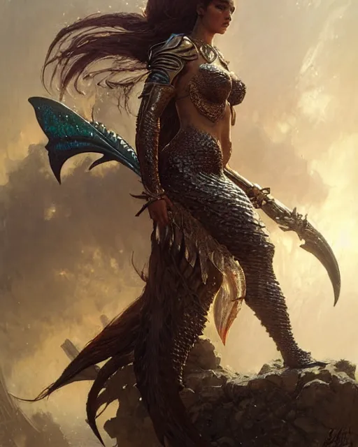 Prompt: a fierce mermaid princess in full armor, fantasy character portrait, ultra realistic, concept art, intricate details, highly detailed by greg rutkowski, gaston bussiere, craig mullins, simon bisley