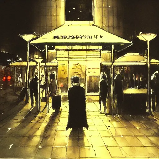 Prompt: a some people waiting in a lone bus stop in quiet dark city night, Yoshitaka Amano, high quality, high resolution,detailed