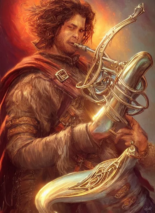 Image similar to bard playing trumpet, ultra detailed fantasy, dndbeyond, bright, colourful, realistic, dnd character portrait, full body, pathfinder, pinterest, art by ralph horsley, dnd, rpg, lotr game design fanart by concept art, behance hd, artstation, deviantart, hdr render in unreal engine 5