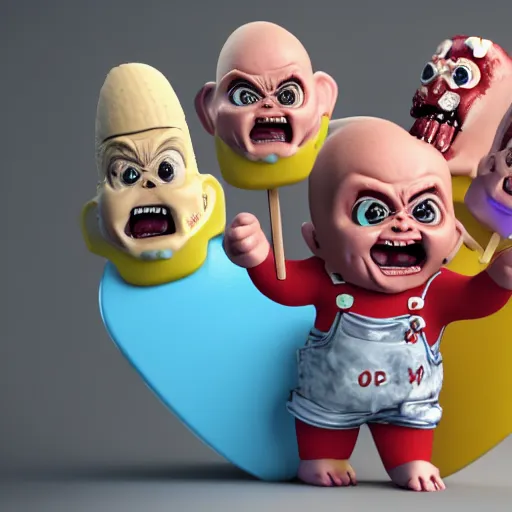 Prompt: a large variety of ice cream popsicles shaped like screaming chucky dolls, octane render