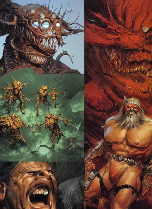 Prompt: close up portrait, joy emote, painting illustration, fighting fantasy cover by peter andrew jones, by russ nicholson, by ian miller, by iain mccaig, by malcolm barter, by alan langford, detailed