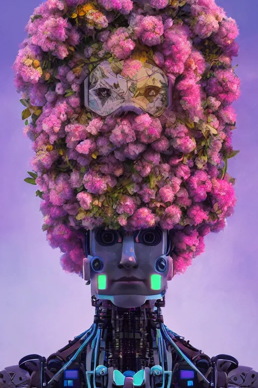 Prompt: a digital portrait of a robot with flowers in its head by Mike Winkelmann, cgsociety contest winner, digital art, made of flowers, digital painting, photoillustration