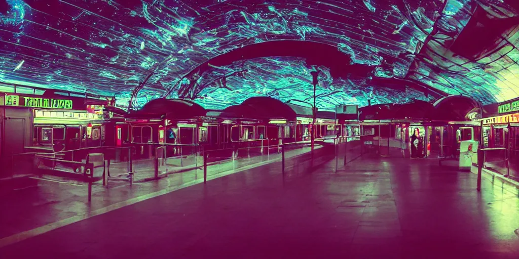 Image similar to train station in space, nostalgic atmosphere, photo, neon lights