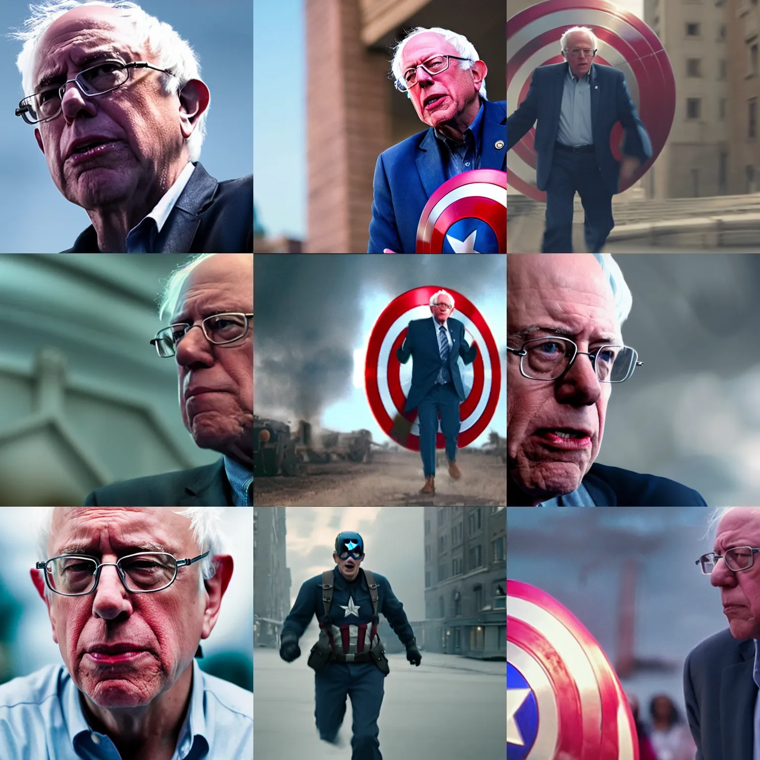 Prompt: film still of bernie sanders as captain america, 8 k, cinematic