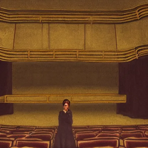 Image similar to an actress on stage in an old theater, only a single visitor in the audience, by alfred stephens