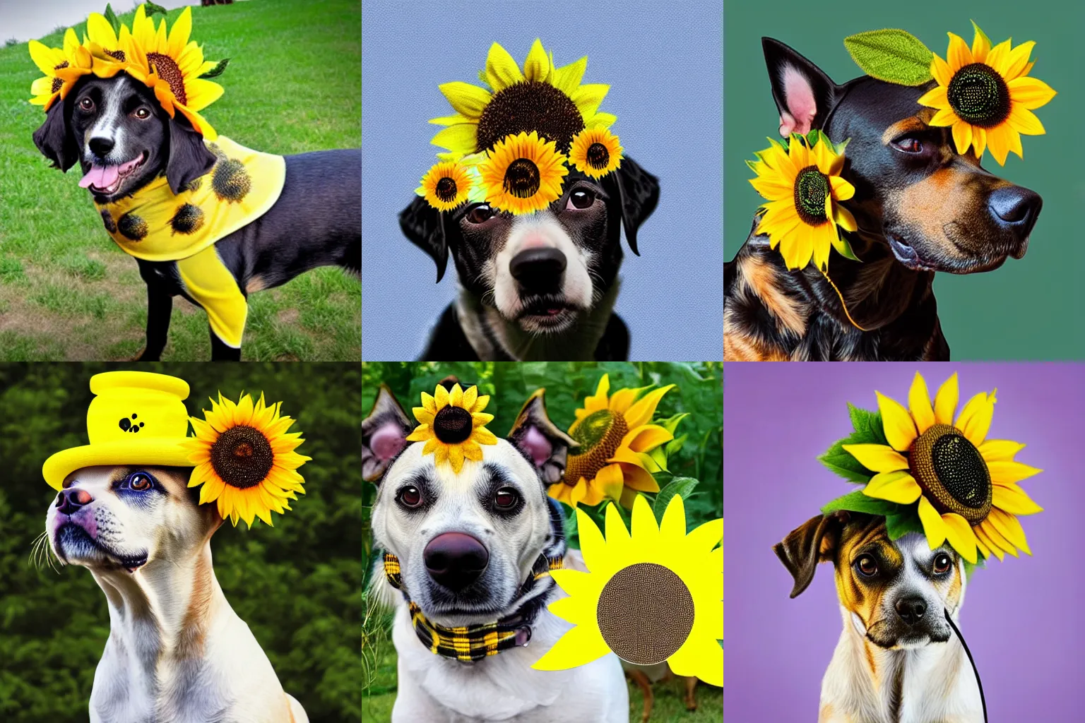Prompt: dog wearing a sunflower as a hat covered in bumblebees, photo realistic, colorful lighting, realistic shadows