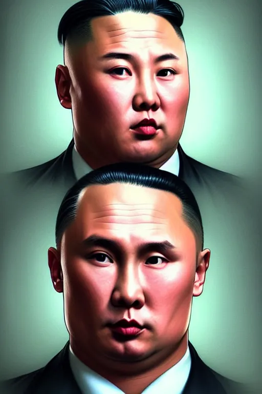 Prompt: vladimir putin with the iconic kim jong un hairstyle, realistic portrait, symmetrical, highly detailed, digital painting, artstation, concept art, smooth, sharp focus, illustration, cinematic lighting, art by artgerm and greg rutkowski and alphonse mucha