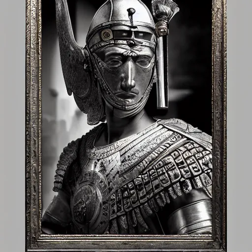 Prompt: roman legionnaire, painting, fine art, high contrast, divine, strong, rembrandt lighting, ray tracing global illumination, ray tracing reflections, insanely detailed and intricate, elegant, ornate, hyper realistic, super detailed