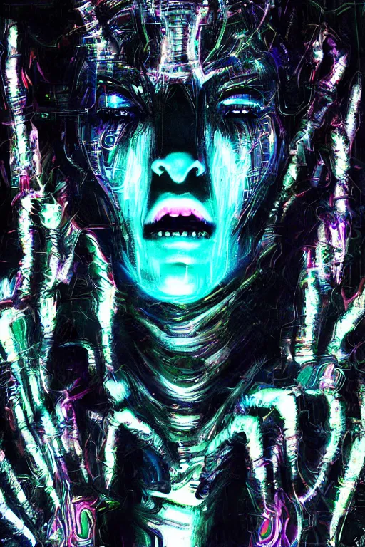 Prompt: portrait, headshot, digital painting, an beautiful techno - shaman lady in circuit electronic mask, screaming, translucent, shiny, pearlescent, synthwave, glitch, fracture,, realistic, hyperdetailed, chiaroscuro, concept art, art by john berkey