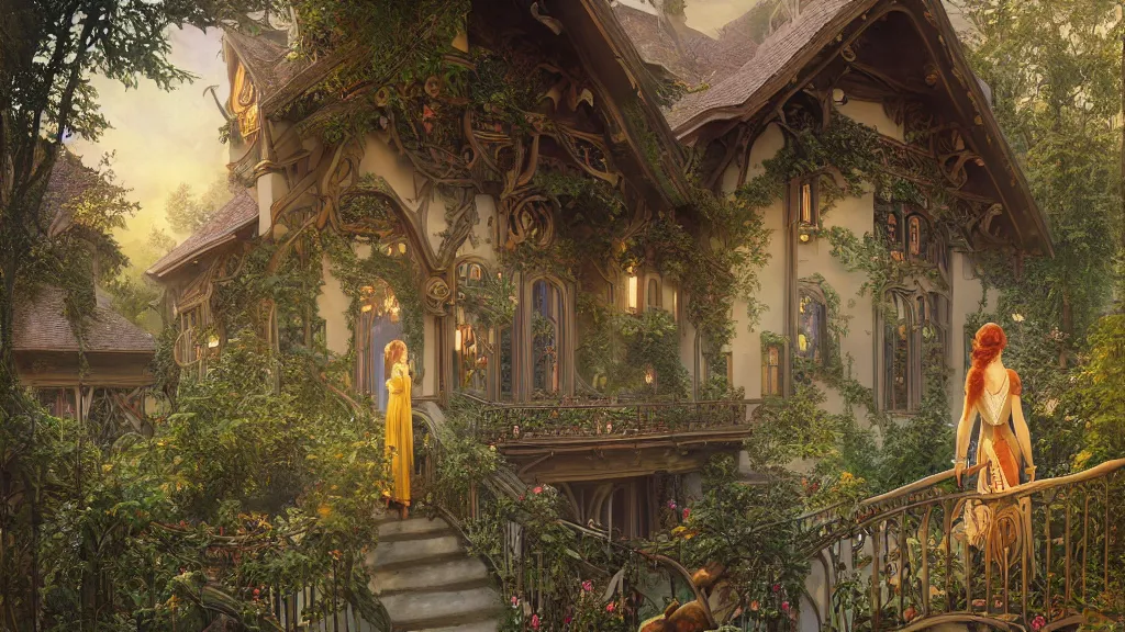 Prompt: a beautiful painting of art nouveau swiss chalet elven rivendell at sunrise, with an elven girl looking out from her balcony, intricate, elegant, highly detailed, digital painting, artstation, concept art, by krenz cushart and artem demura and alphonse mucha