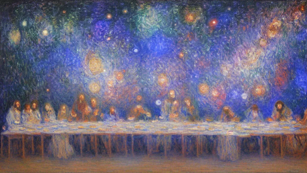 Image similar to the last supper claude monet, space, stars, nebula explosion, milky way, galaxy, galactic, digital art.
